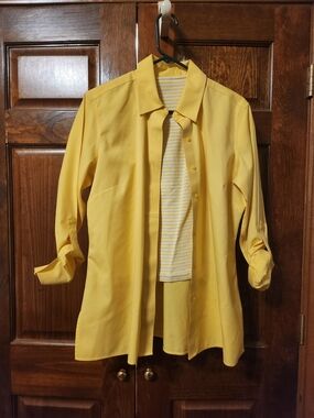 Chico's Long Sleeved Yellow Shirt Paired With A Nautical Stripe T-shirt